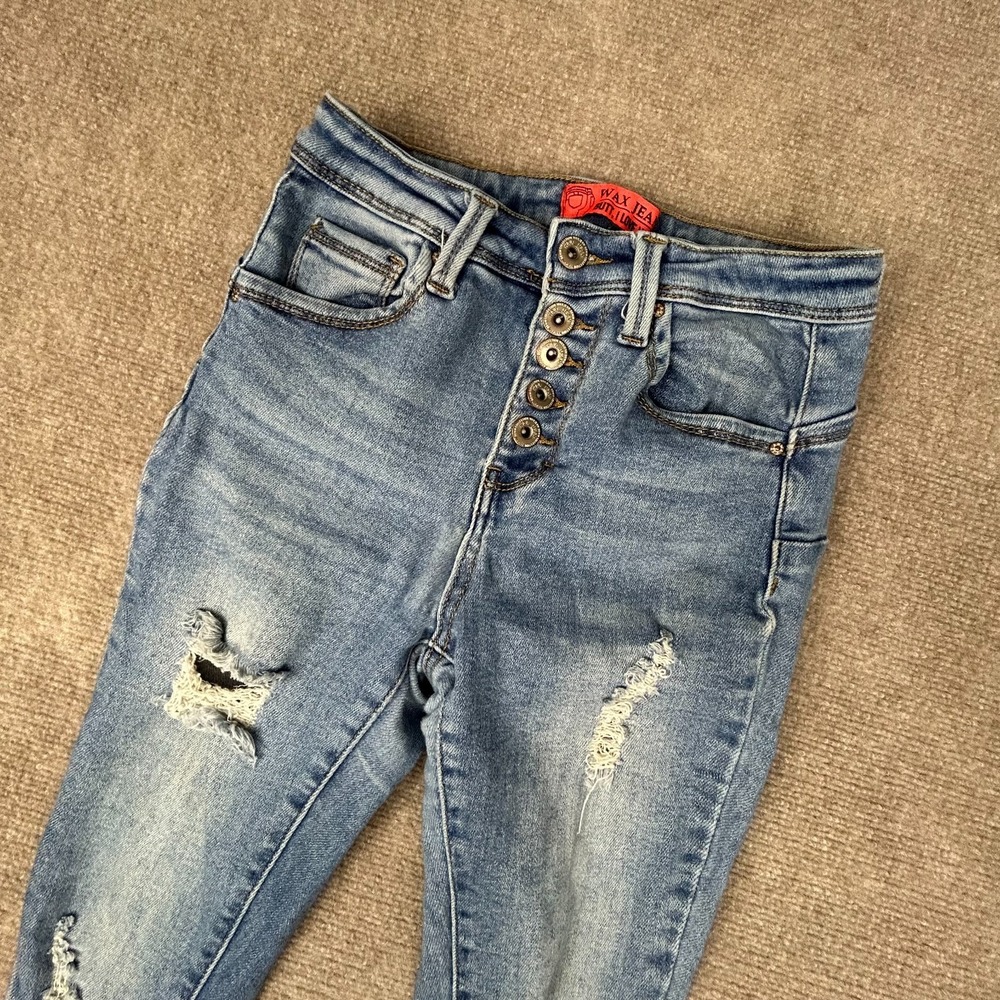 Wax Jeans Womens 3/26 Blue Denim Boho Streetwear Distressed Button Fly Raw Hem